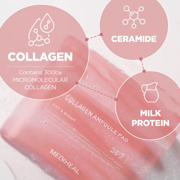 MEDIHEAL Collagen Ampoule Pad – Square Cotton Facial Toner Pads Collagen & Ceramide - Skin Firming & Restore Elasticity - Image 3