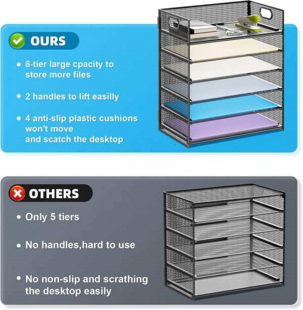Marbrasse 6 Tier Paper Organizer Letter Tray - Mesh Desk File Organizer with Handle - Image 2