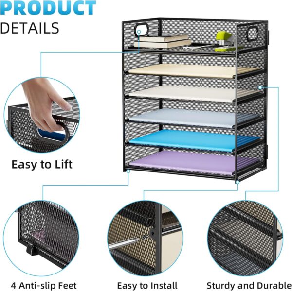 Marbrasse 6 Tier Paper Organizer Letter Tray - Mesh Desk File Organizer with Handle - Image 3